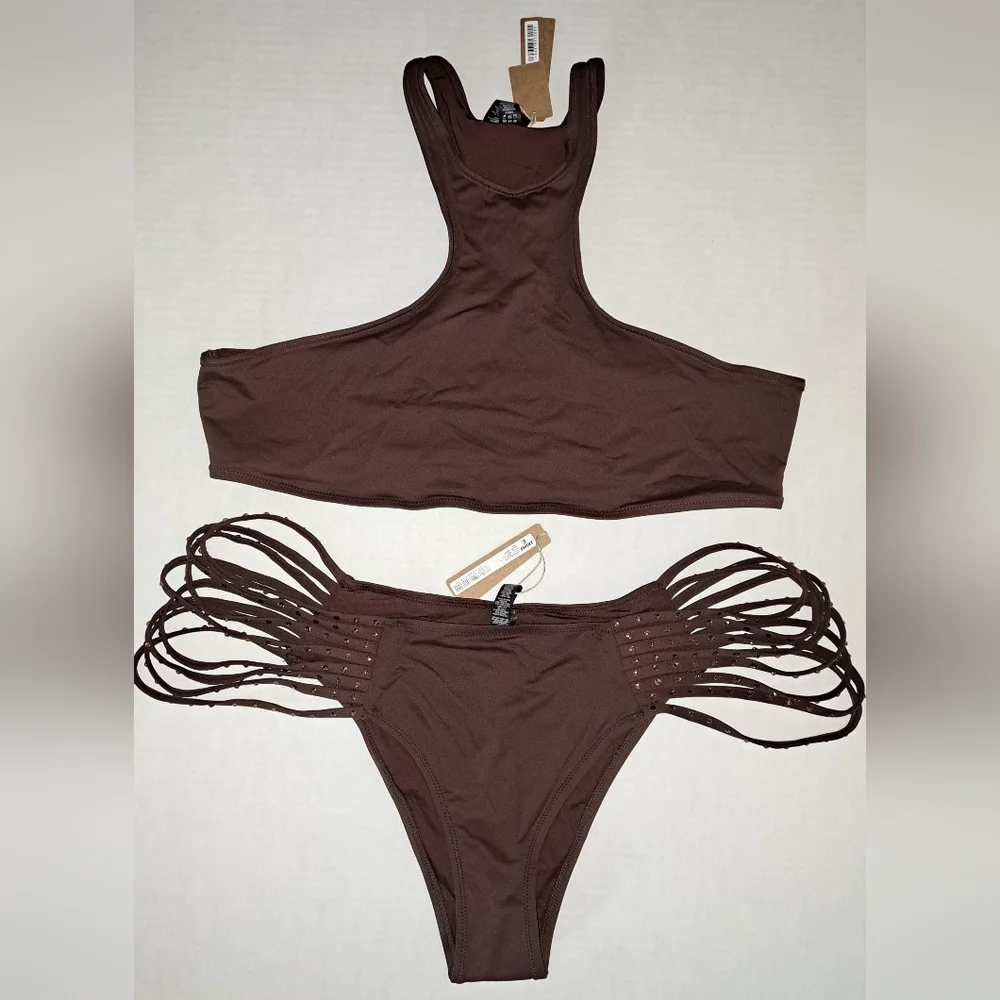 ❤️NWT SKIMS 2 Pc High neck racerback Swim Top Strappy Rhinestone Bikini COCOA 3X
